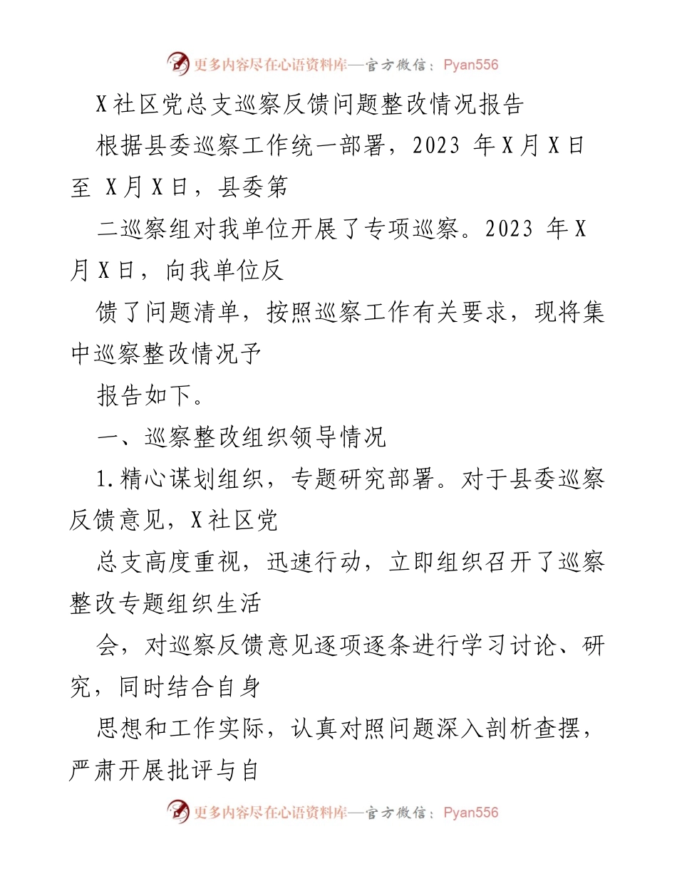 [整改报告] 巡察整改 - X社区党总支巡察反馈问题整改情况报告.docx_第1页