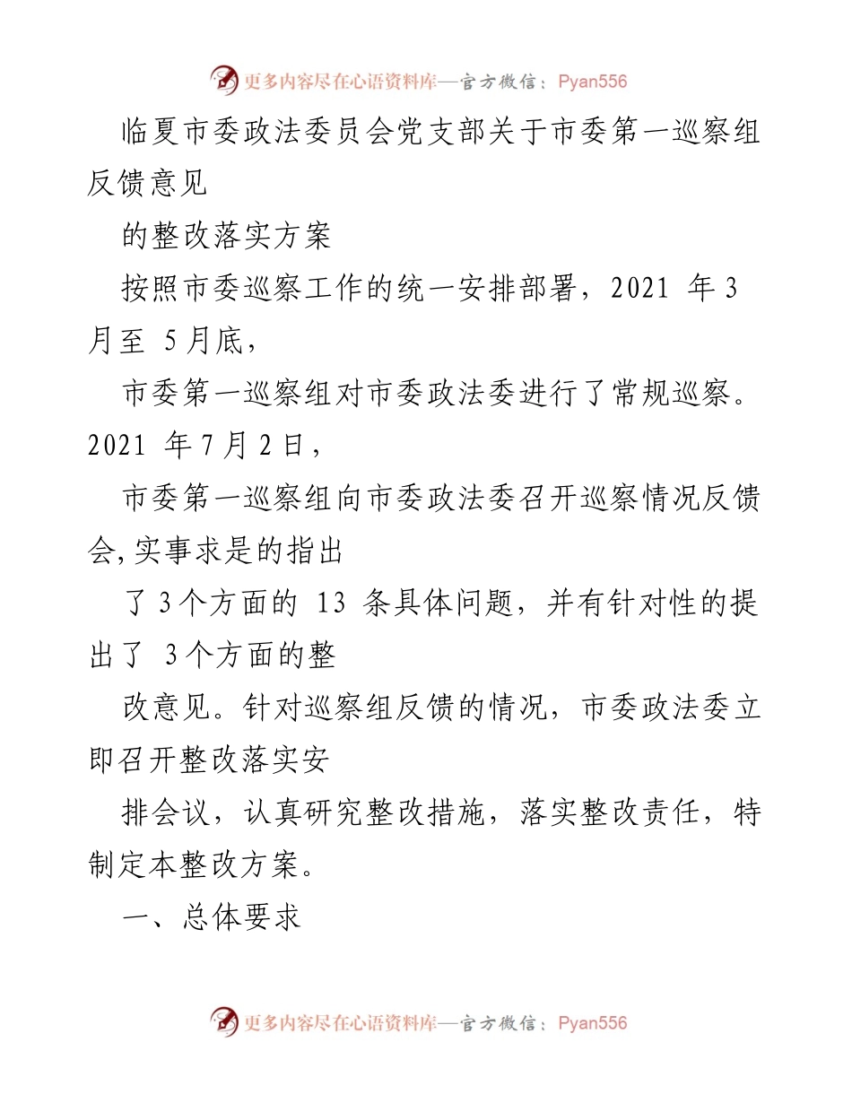 [整改方案] 政法委员会 - 临夏市委政法委员会巡察反馈意见整改落实方案.docx_第1页