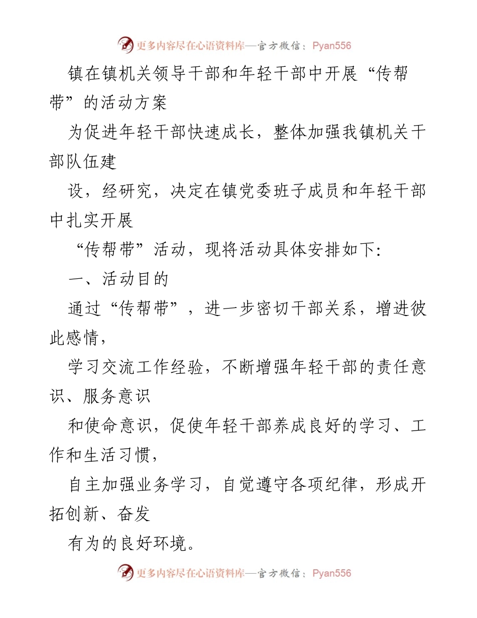 [活动方案] 镇机关干部培训 - “传帮带”助力年轻干部成长的活动方案_1.docx_第1页