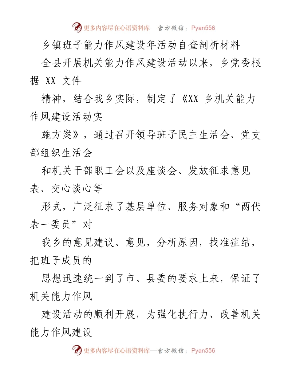 [自查剖析] 乡镇机关 - 乡镇班子能力作风建设年活动自查剖析报告.docx_第1页