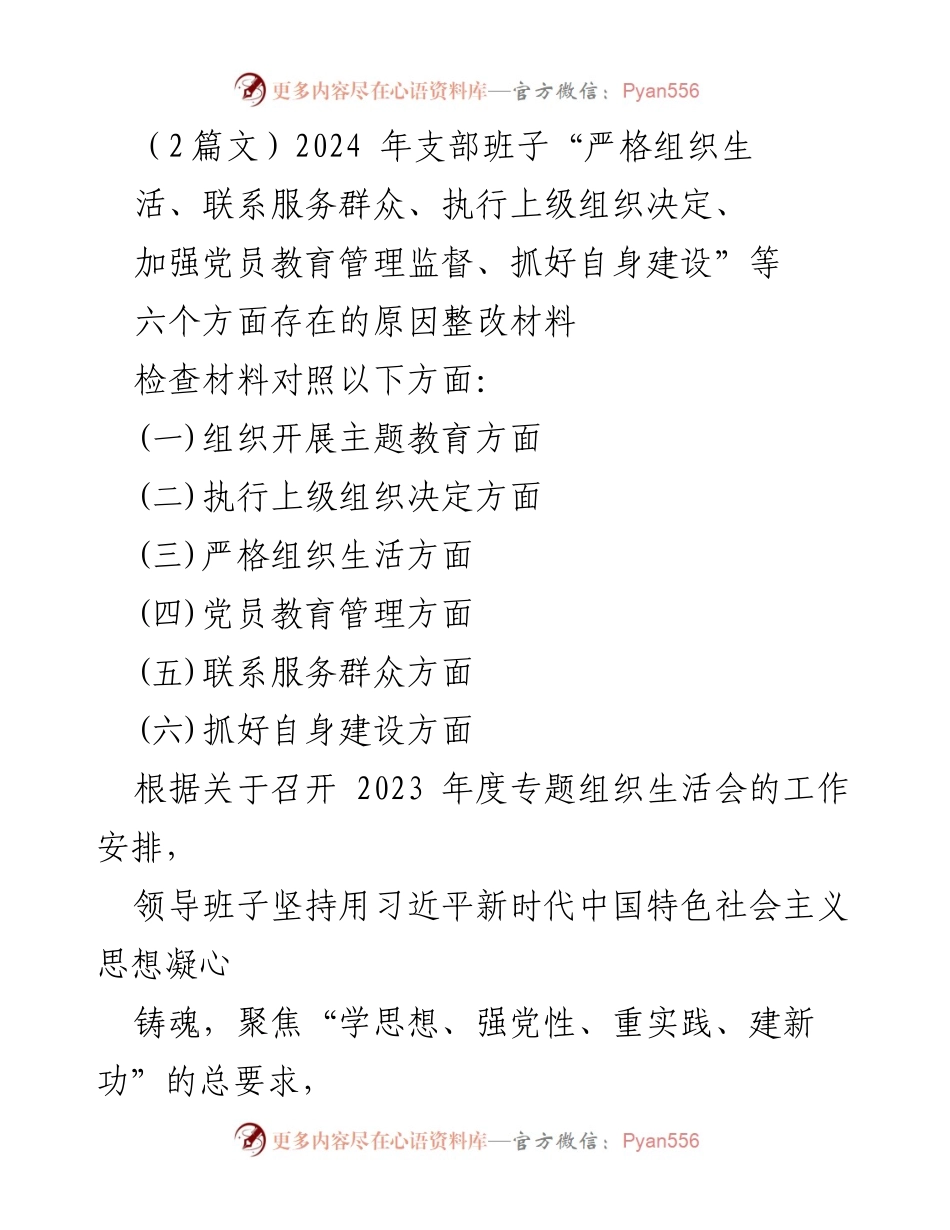 [整改材料] 2023年度专题组织生活会 - 2024年支部班子整改问题分析与措施.docx_第1页