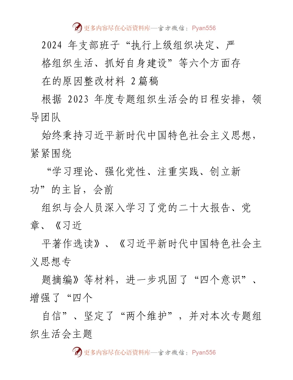 [整改材料] 组织生活会 - 2024年支部班子整改措施汇报.docx_第1页