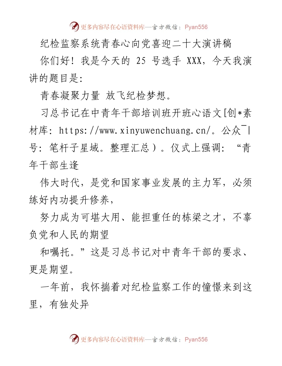 [演讲稿] 纪检监察系统 - 青春凝聚力量 放飞纪检梦想.docx_第1页