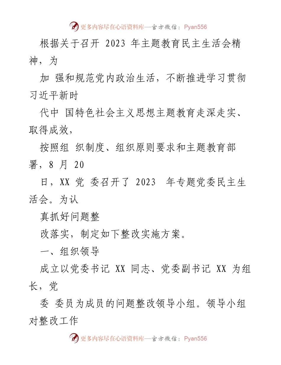 [整改方案] 党委民主生活会 - 2023年主题教育民主生活会整改实施方案.docx_第1页