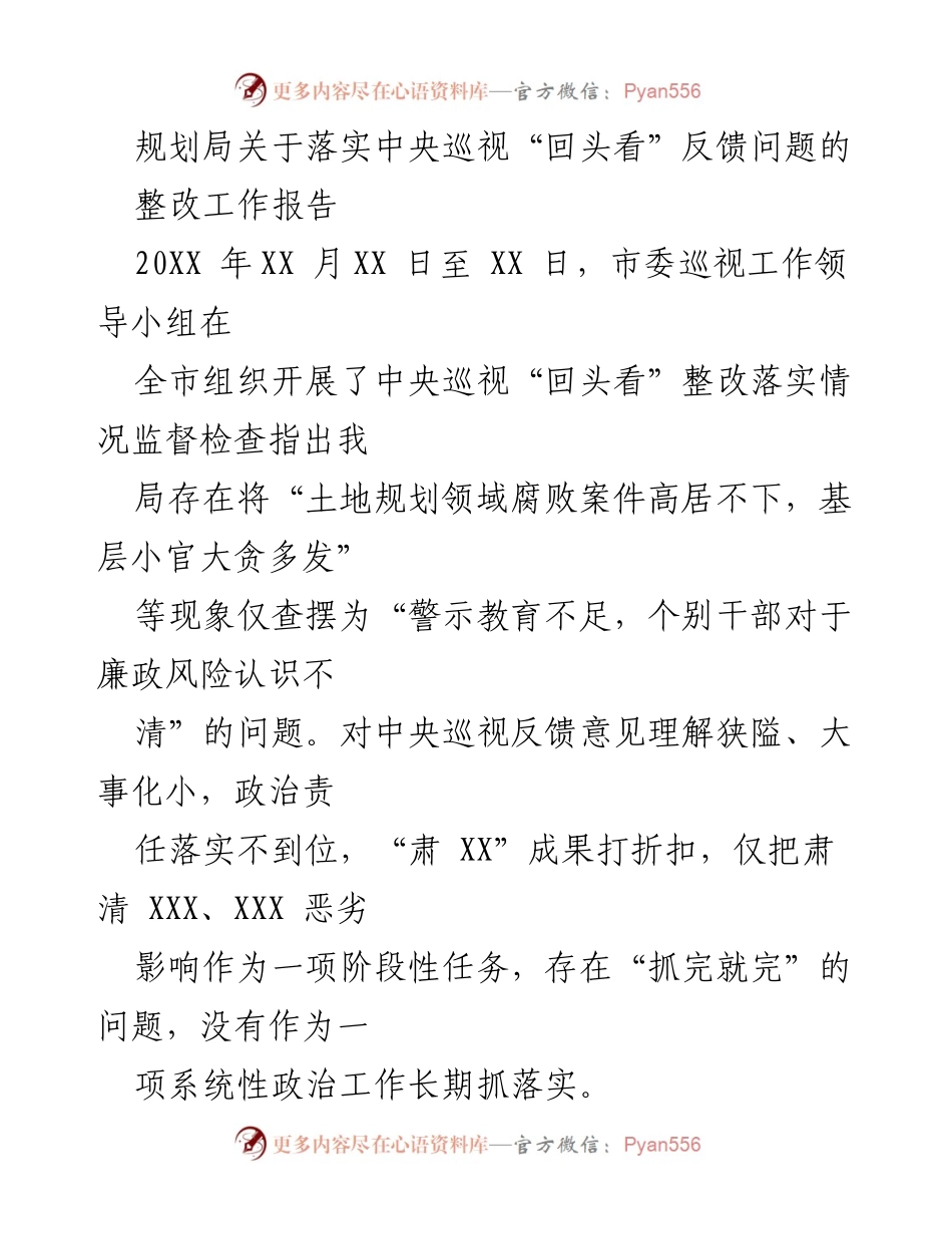[整改报告] 规划局 - 中央巡视“回头看”反馈问题整改工作总结.docx_第1页