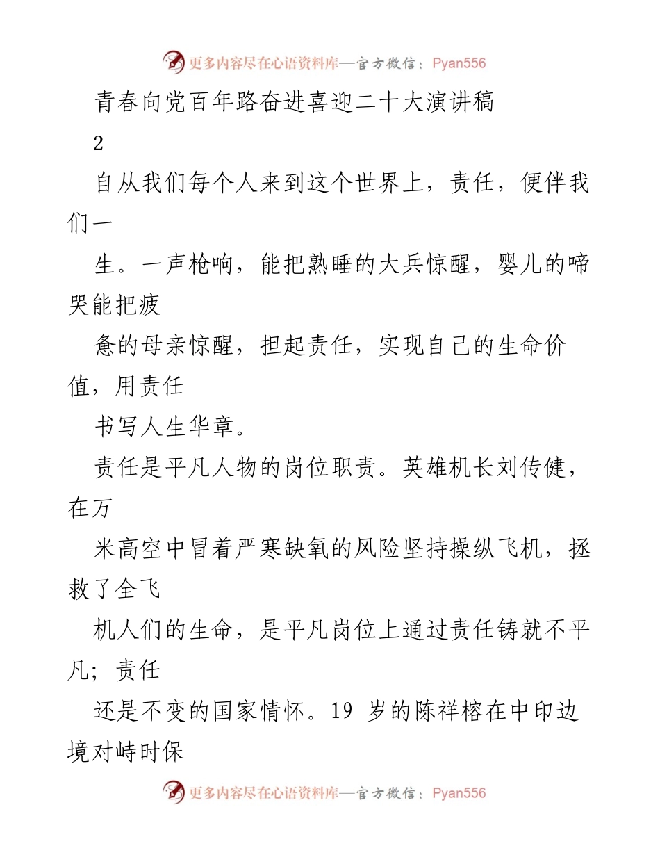 [演讲稿] 青春向党百年路 - 担起责任，共创辉煌.docx_第1页