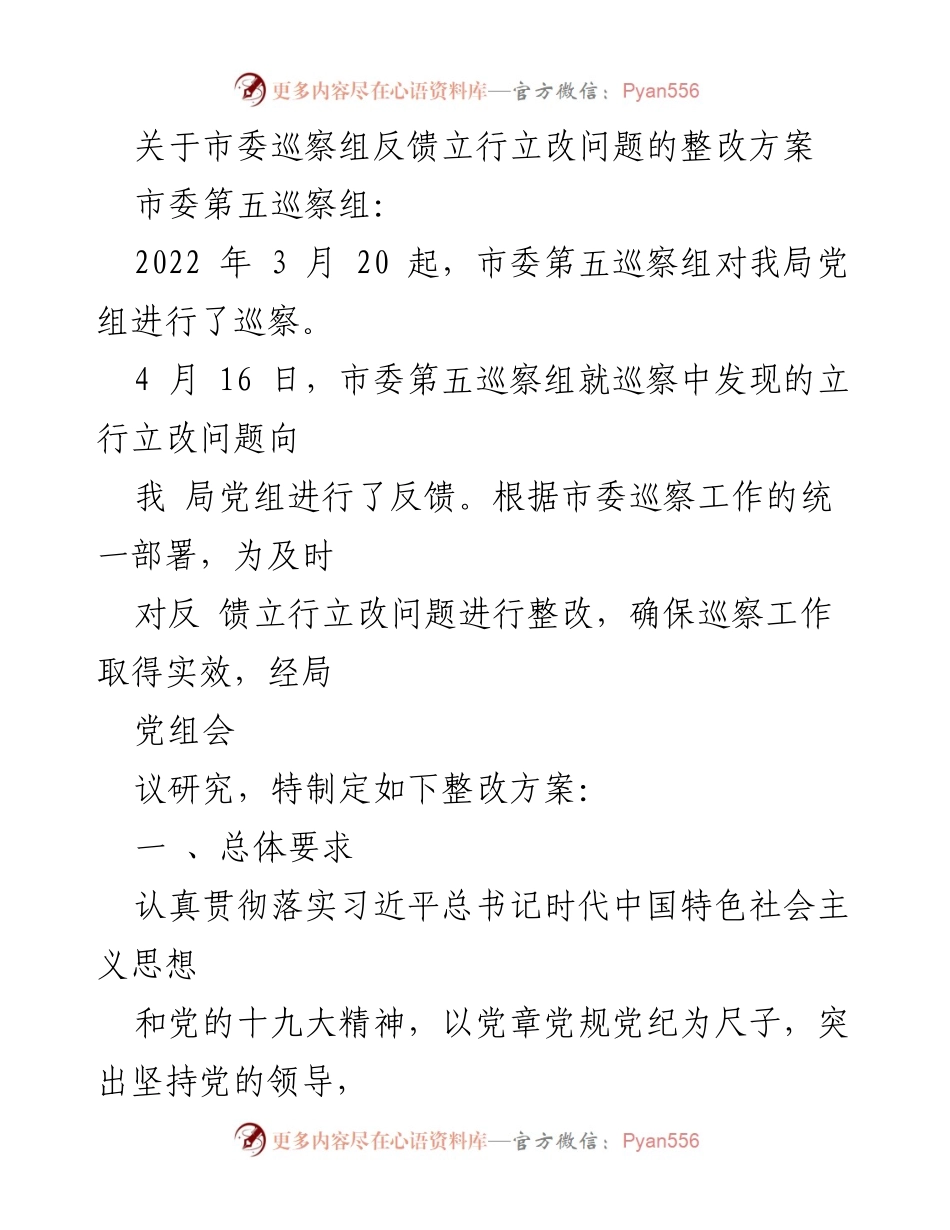 [整改方案] 巡察反馈 - 市委巡察组立行立改问题整改方案.docx_第1页