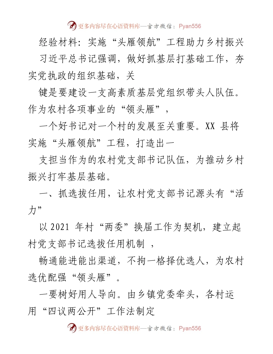 [经验材料] 乡村振兴 - 实施“头雁领航”工程提升农村党支部书记队伍素质.docx_第1页