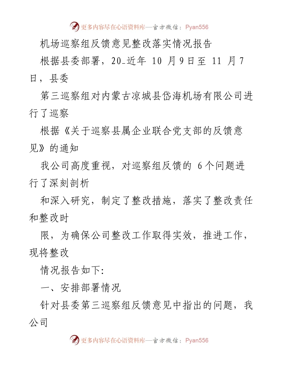 [整改报告] 巡察整改 - 机场公司巡察反馈意见整改落实情况报告.docx_第1页