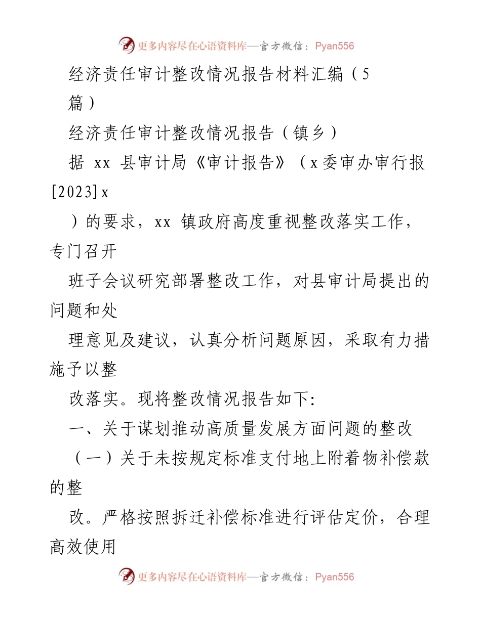 [整改报告] 镇乡政府 - 经济责任审计整改情况汇报.docx_第1页
