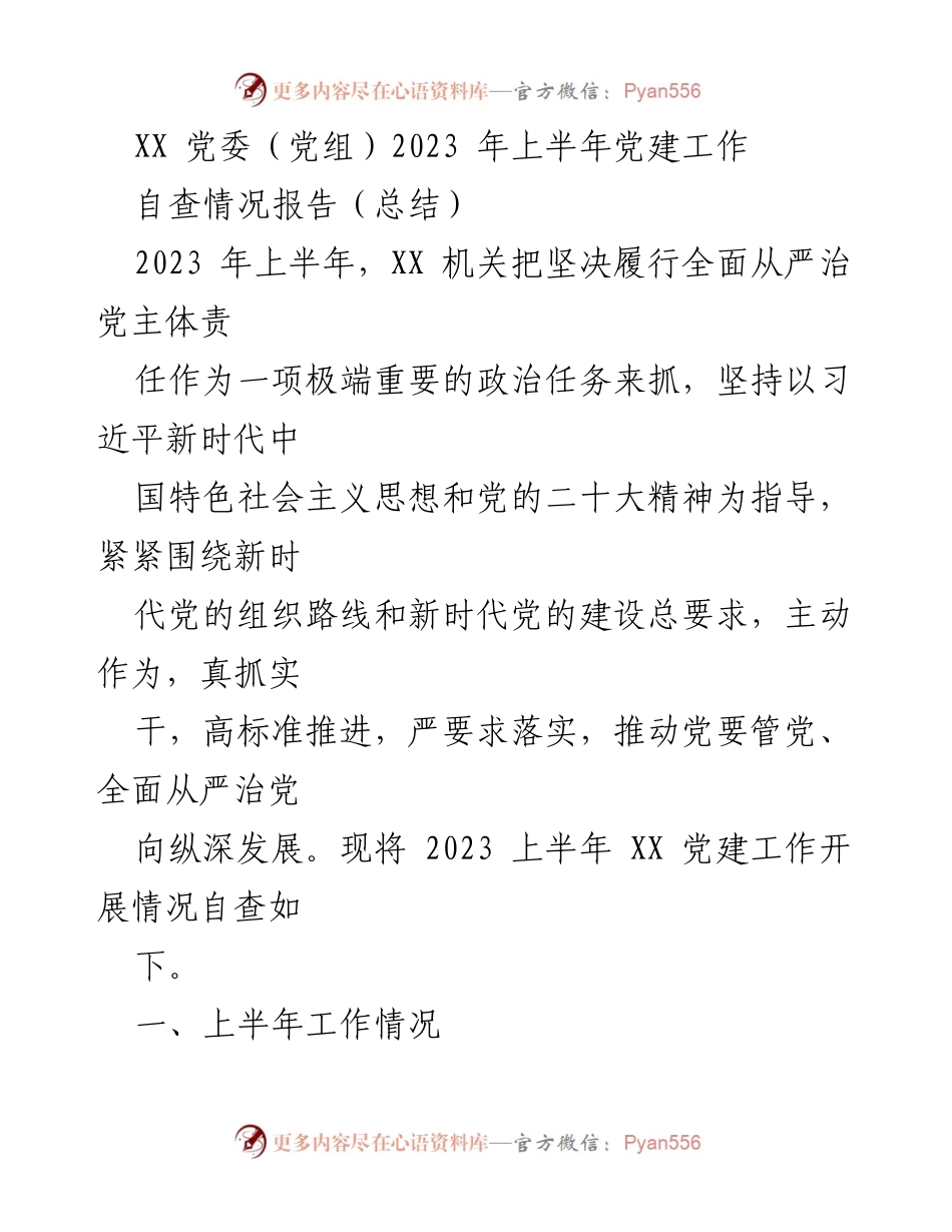 [自查报告] 党建工作 - XX 机关2023年上半年党建工作自查情况总结.docx_第1页