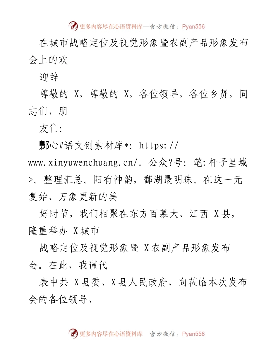 [欢迎辞] 发布会 - X城市战略定位及视觉形象暨农副产品形象发布会欢迎辞.docx_第1页