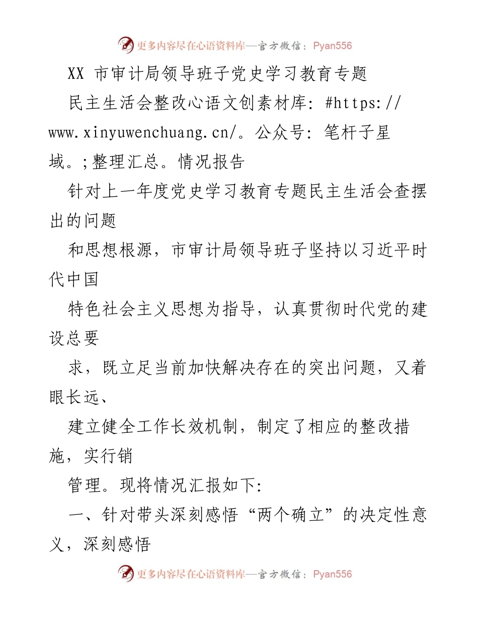 [整改报告] XX市审计局 - 党史学习教育专题民主生活会整改情况汇报.docx_第1页