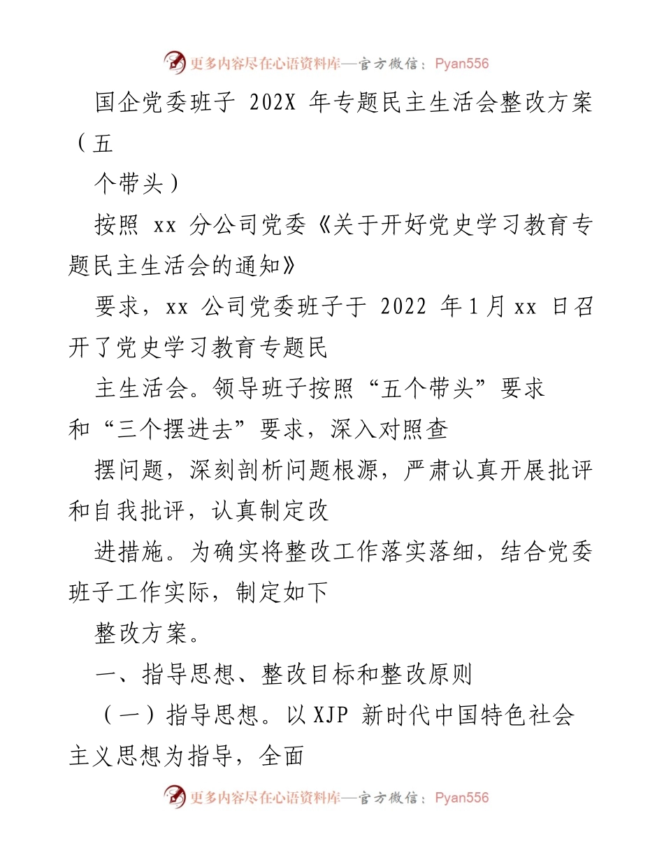 [整改方案] 国企党委班子 - 202X年专题民主生活会整改方案（五个带头）.docx_第1页
