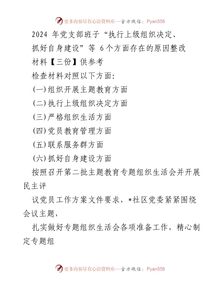 [整改报告] 党支部专题组织生活会 - 2024年党支部班子整改存在问题汇报.docx_第1页