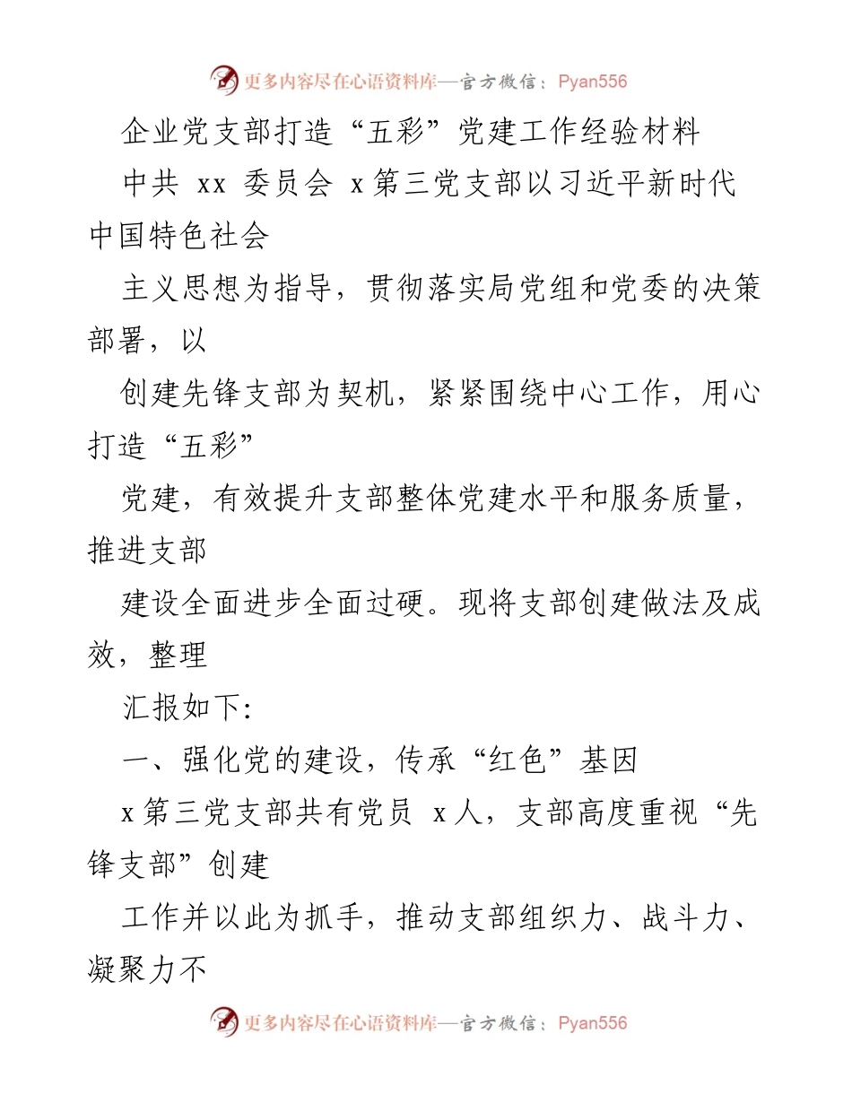 [经验材料] 企业党支部 - 打造“五彩”党建，提升服务质量与组织力.docx_第1页