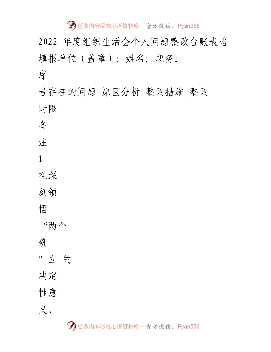 [整改台账] 年度组织生活会 - 2022年度党员干部个人问题整改措施台账.docx_第1页