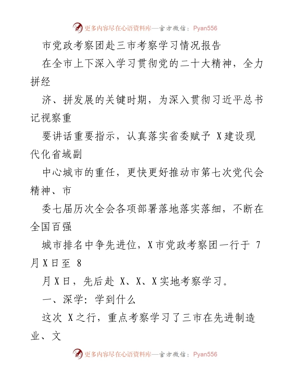 [考察报告] 市党政考察 - 市党政考察团赴三市学习先进经验总结.docx_第1页