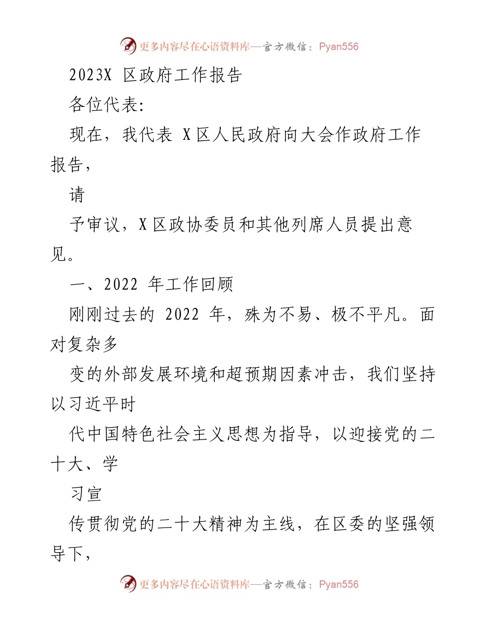 [政府工作报告] 政府大会 - 2023年X区政府工作报告.docx_第1页