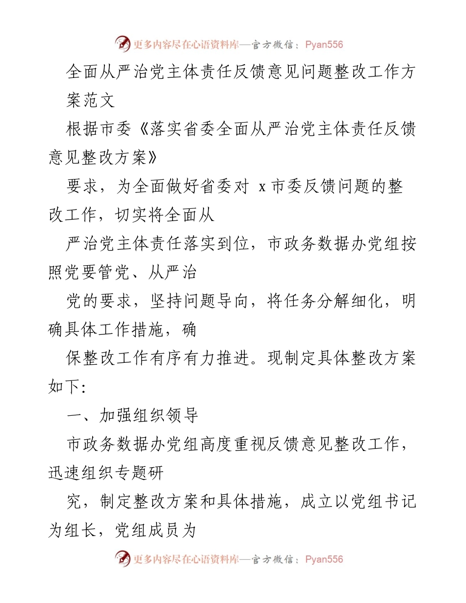 [整改方案] 市委反馈整改 - 全面从严治党主体责任整改方案实施细则.docx_第1页