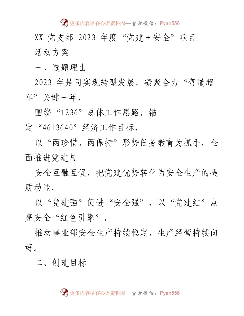 [活动方案] 党支部年度活动 - 2023年度“党建＋安全”项目实施方案.docx_第1页