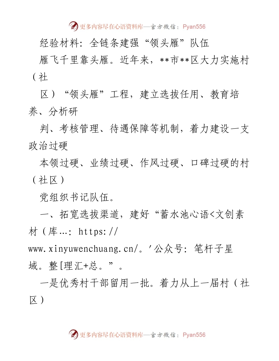 [经验材料] 村（社区）党组织建设 - 全链条推进“领头雁”工程，提升村（社区）党组织书记队伍素质.docx_第1页