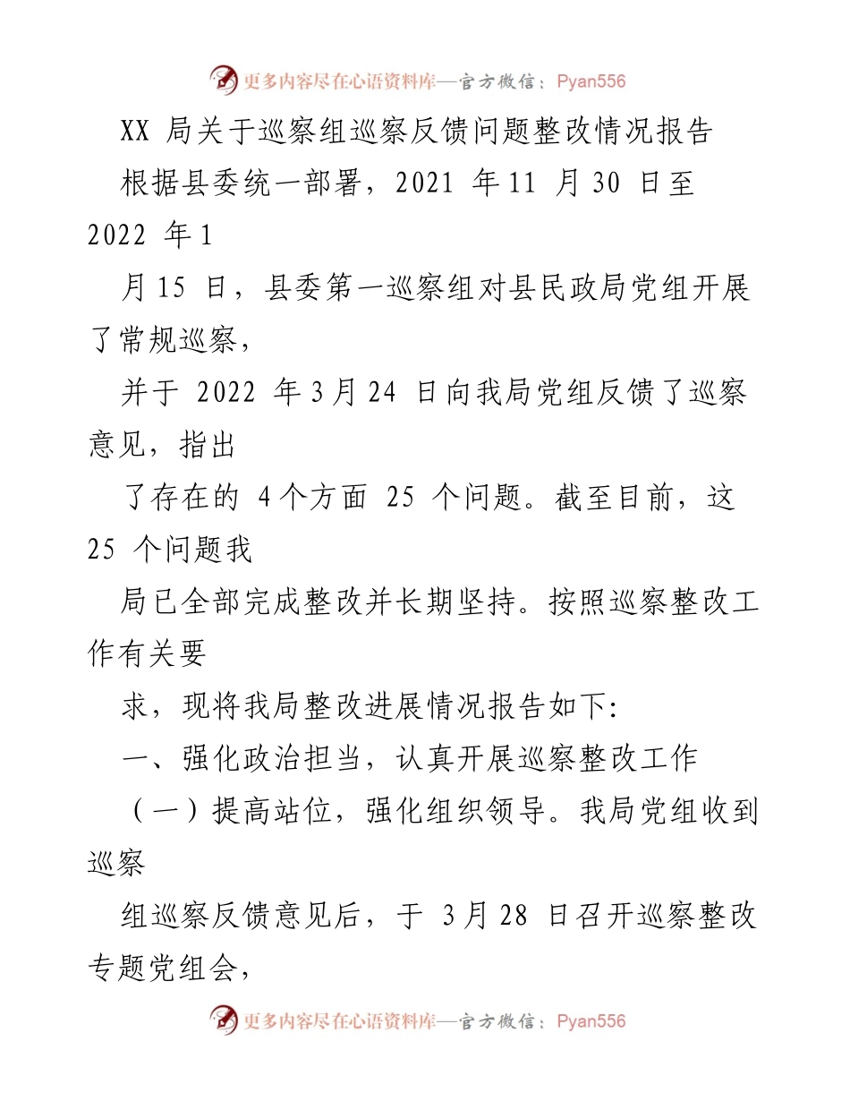 [整改报告] 巡察反馈 - XX局巡察整改情况总结报告.docx_第1页