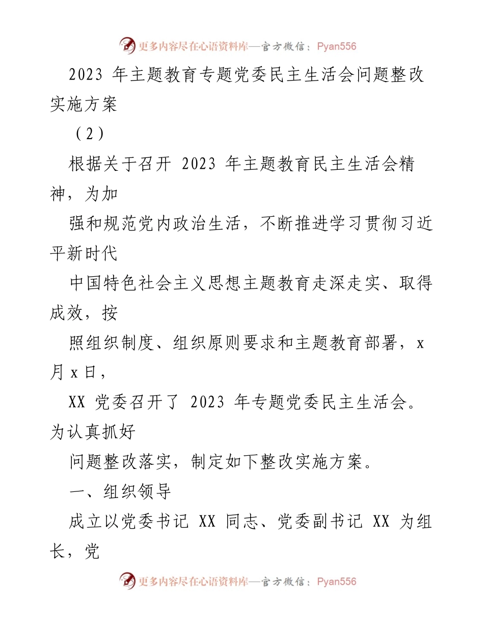 [整改实施方案] 党委民主生活会 - 2023年主题教育整改实施方案.docx_第1页