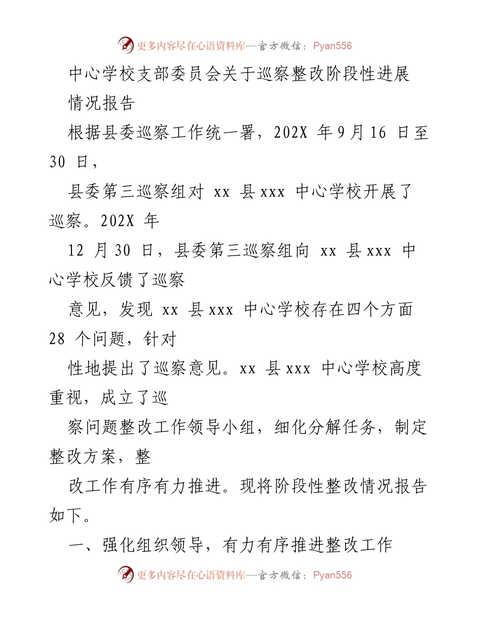 [情况报告] 巡察整改 - 中心学校巡察整改阶段性进展情况报告.docx_第1页