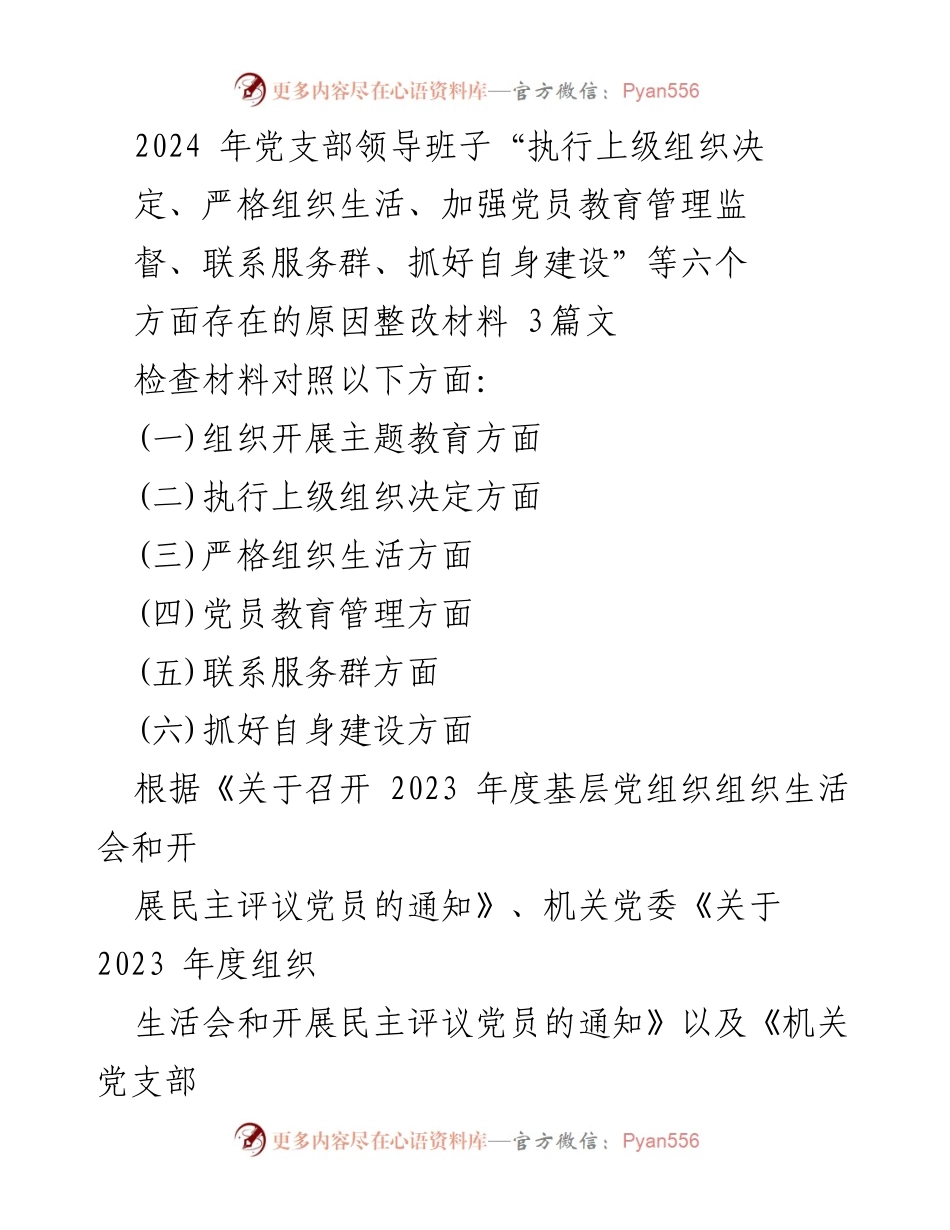 [整改材料] 党支部组织生活会 - 2024年党支部领导班子整改措施报告.docx_第1页