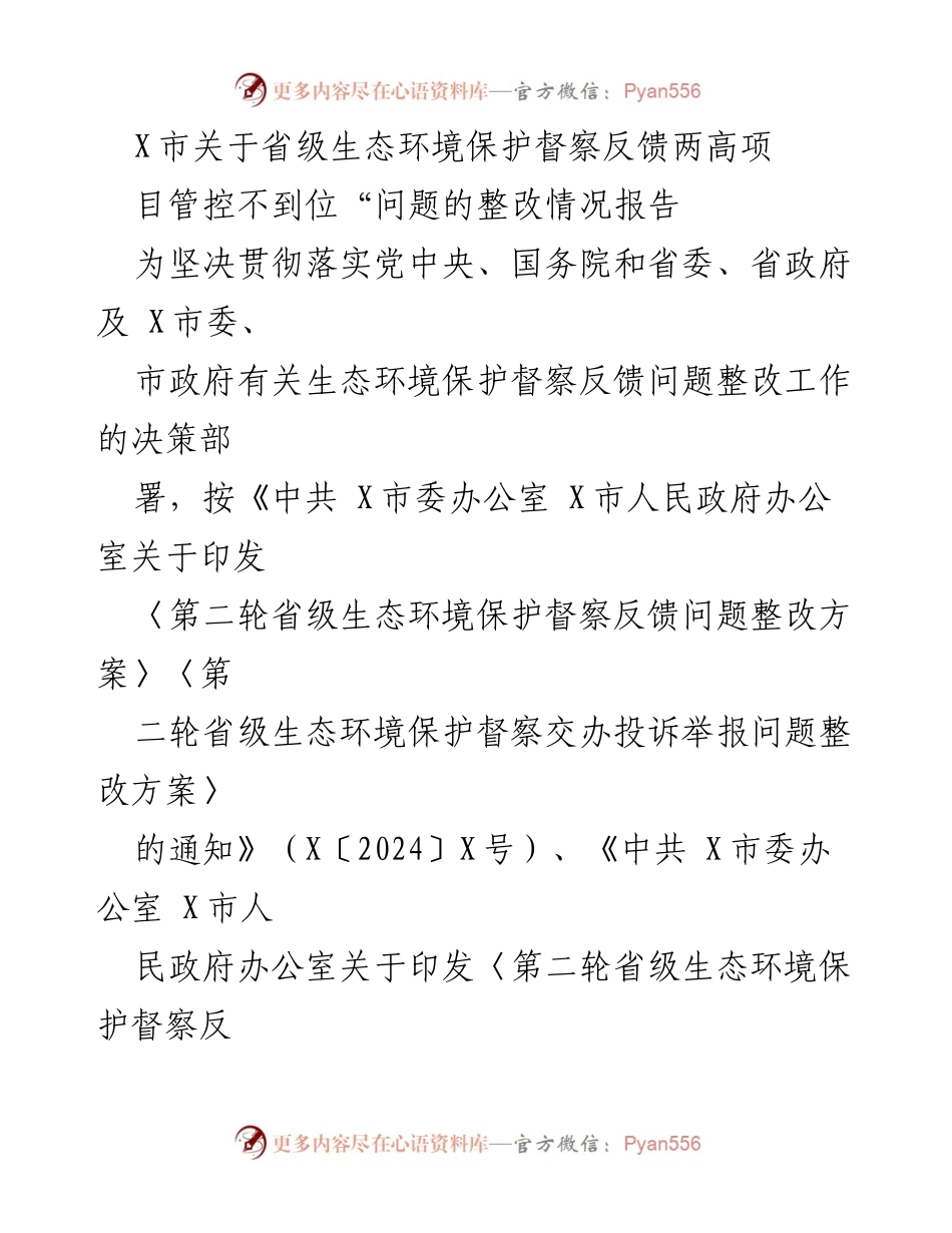 [整改报告] 生态环境保护督察 - X市省级生态环境保护督察反馈问题整改情况报告.docx_第1页