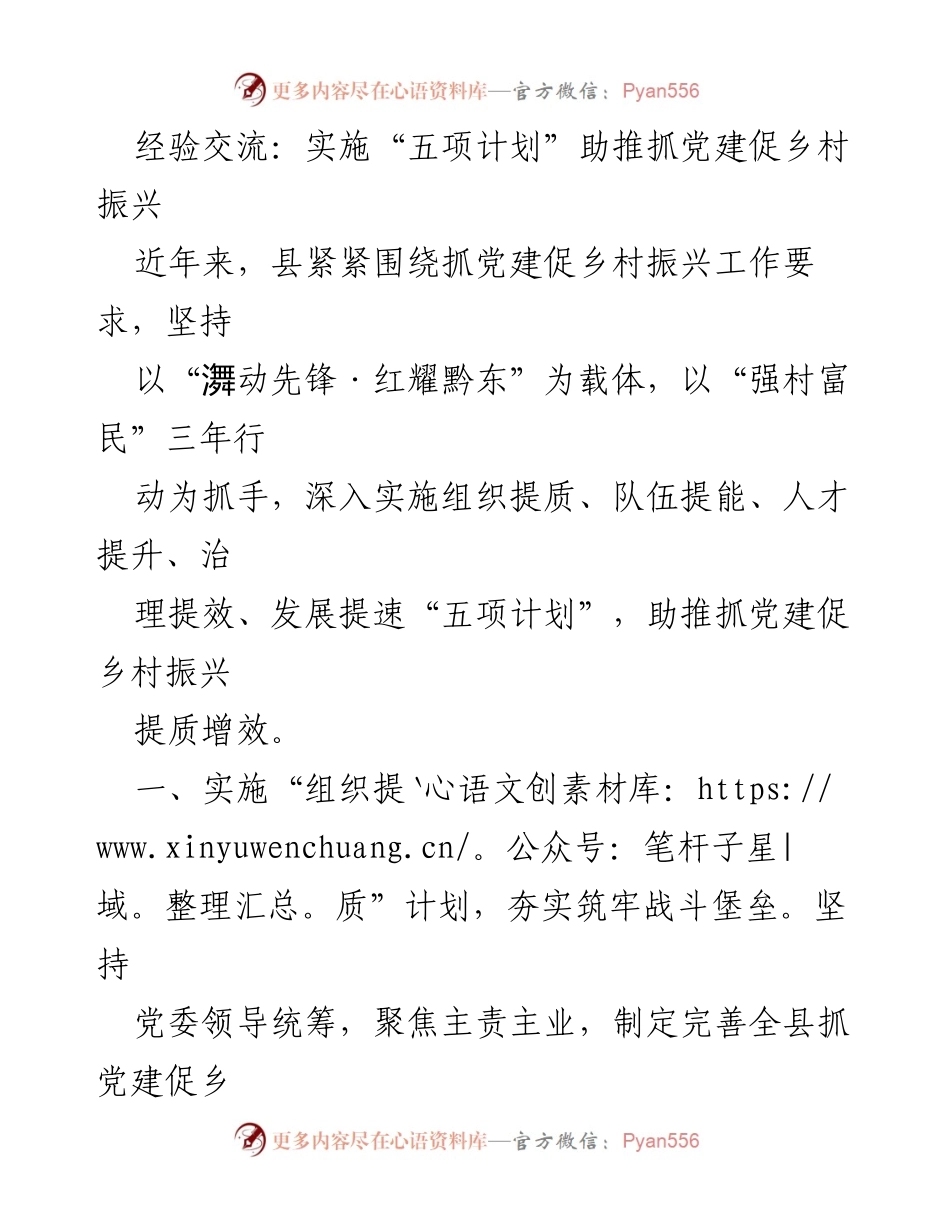 [经验交流] 乡村振兴大会 - 实施“五项计划”提升党建质量与乡村振兴成效.docx_第1页