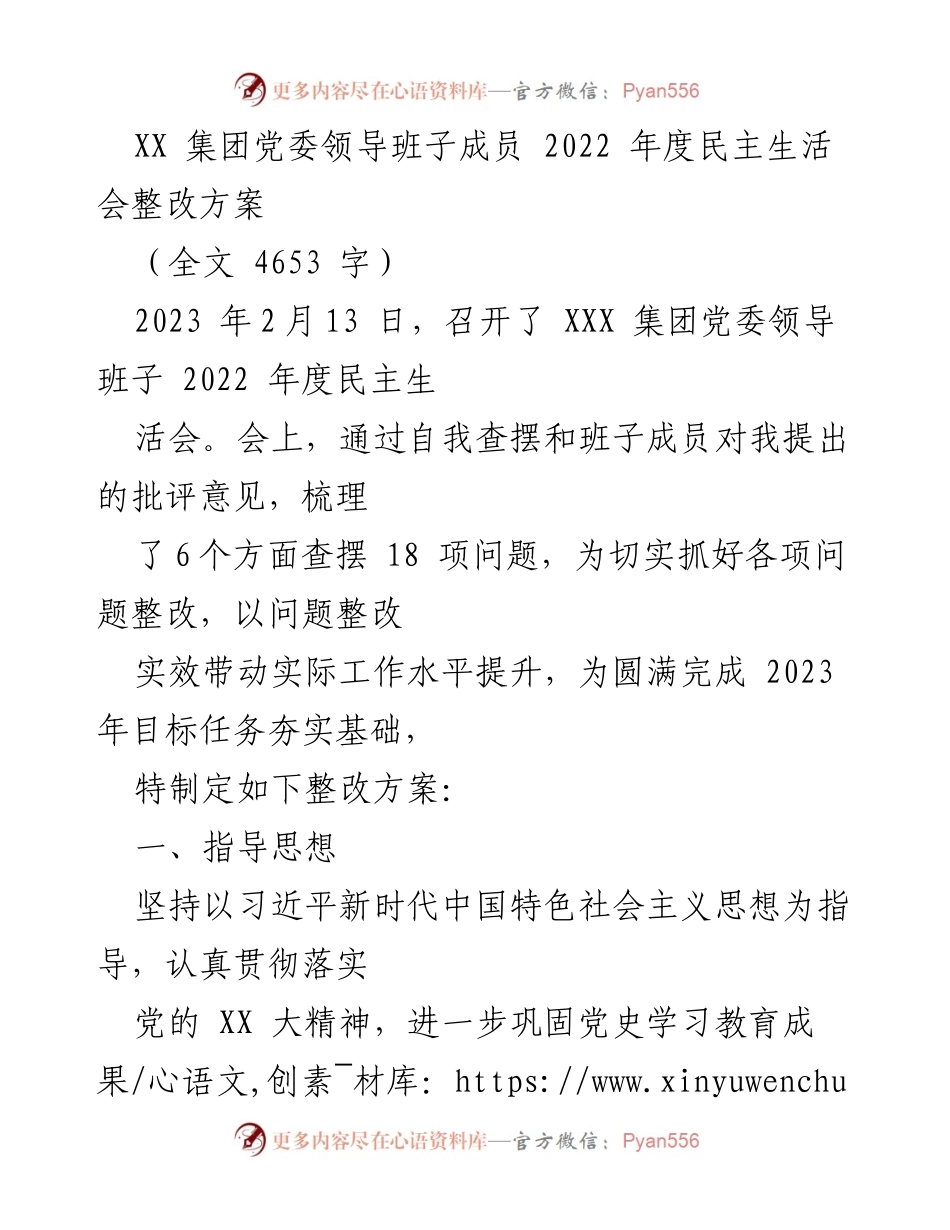 [整改方案] 党委民主生活会 - XX集团2022年度民主生活会整改方案.docx_第1页