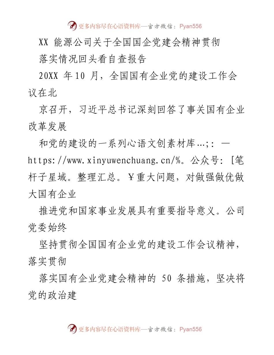 [自查报告] 党建工作 - XX能源公司贯彻全国国企党建会精神自查报告.docx_第1页