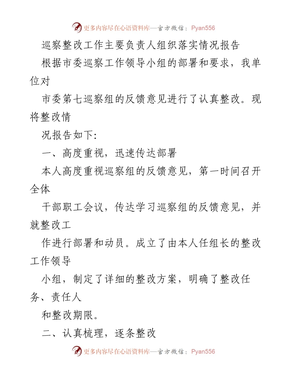 [整改报告] 巡察工作 - 巡察整改工作落实情况报告.docx_第1页
