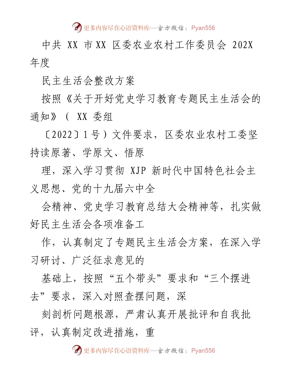 [整改方案] 农业农村工作委员会 - 202X年度民主生活会整改方案.docx_第1页