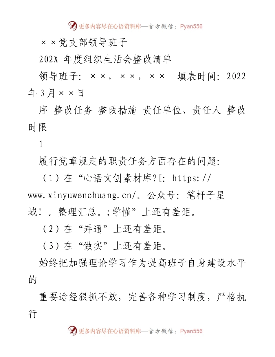 [整改清单] 组织生活会 - 202X年度党支部整改措施汇总.docx_第1页