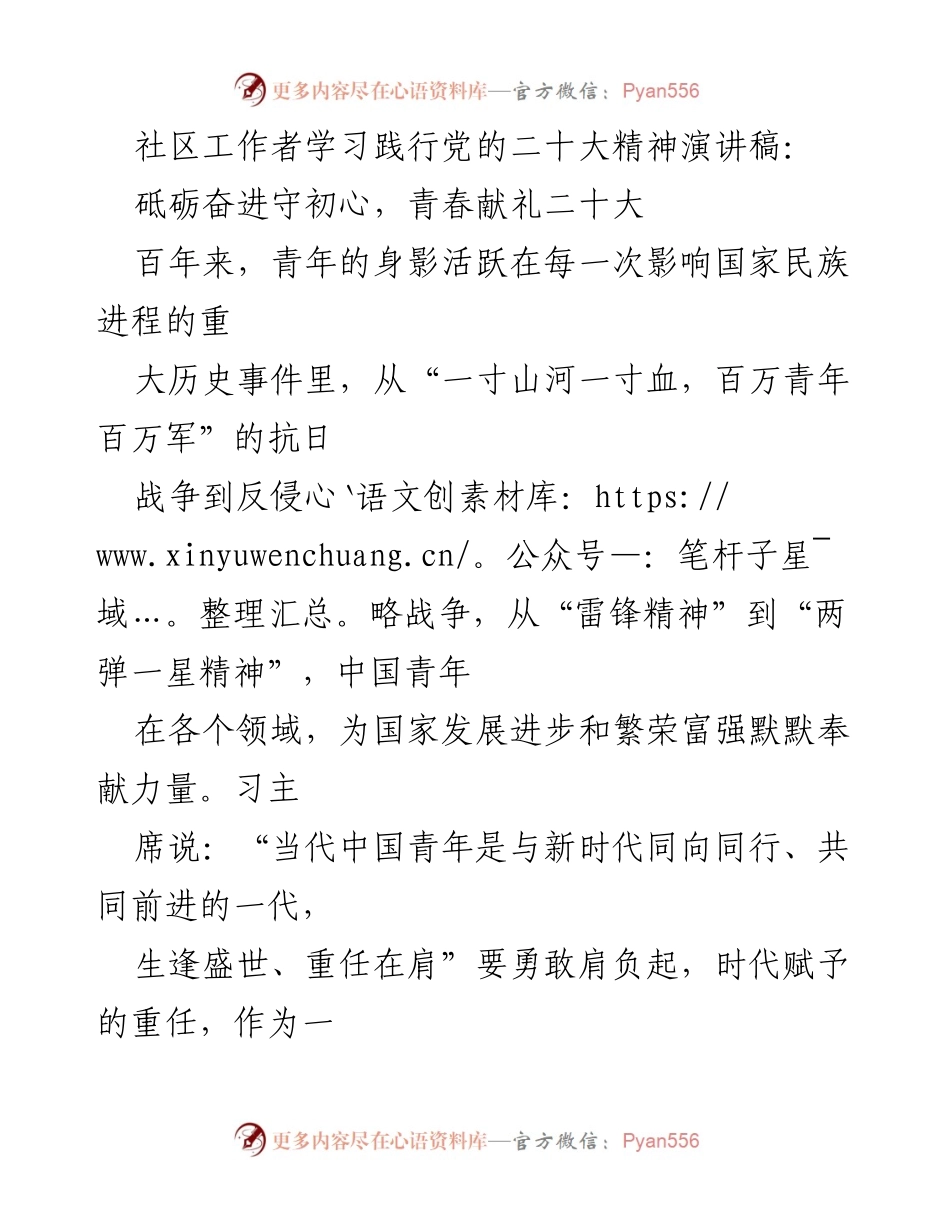 [演讲稿] 社区活动 - 青年社工践行党的二十大精神的使命与担当.docx_第1页