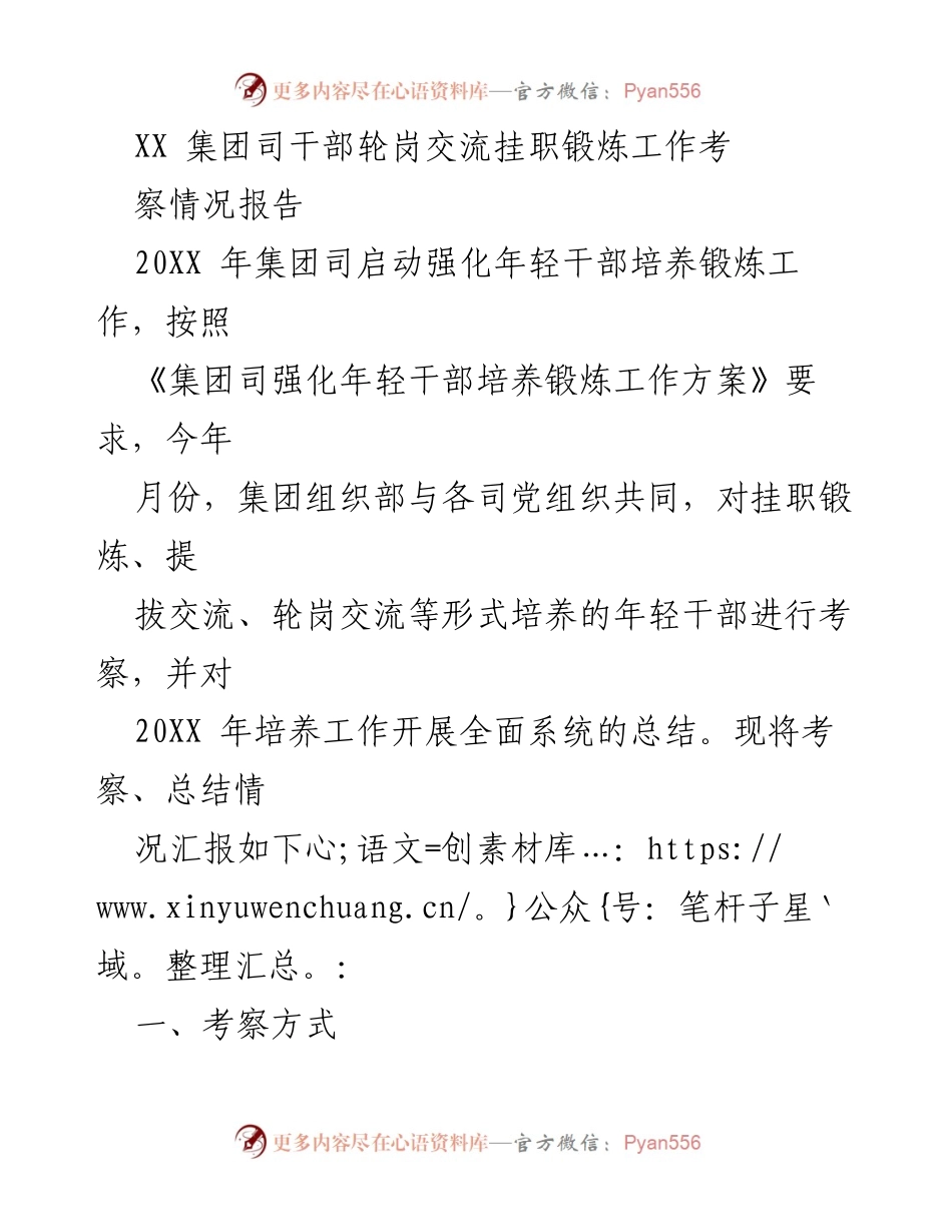 [考察报告] 年轻干部培养 - XX 集团年轻干部轮岗交流考察总结报告.docx_第1页