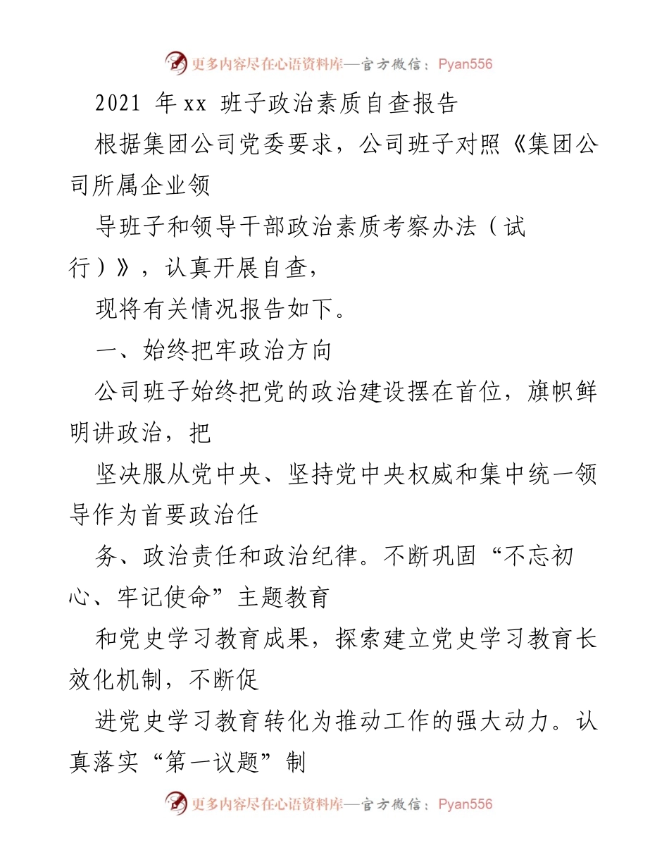[自查报告] 公司班子 - 2021年公司班子政治素质自查报告.docx_第1页