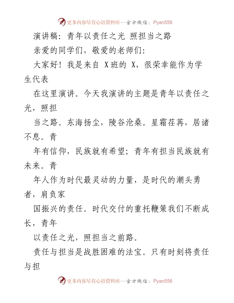 [演讲] 学校活动 - 青年责任与担当的光辉之路.docx_第1页