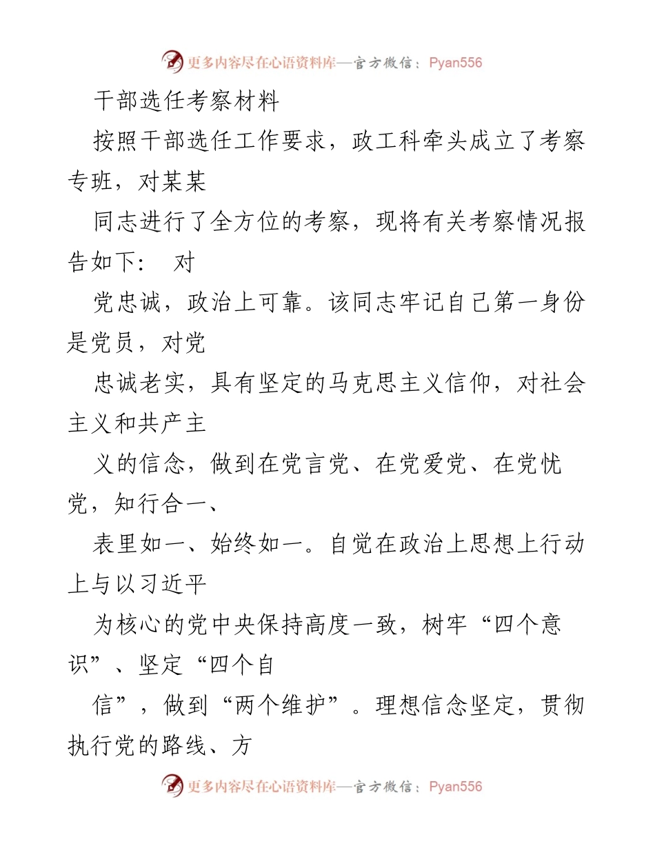 [考察报告] 干部选任 - 某某同志干部选任考察情况报告.docx_第1页