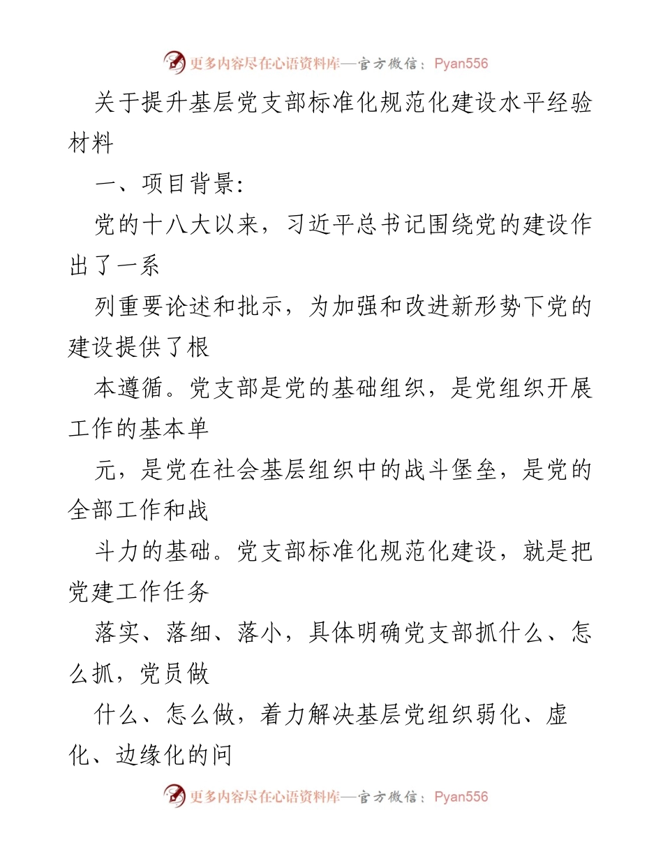 [经验材料] 党建工作 - 提升基层党支部标准化规范化建设的实践经验.docx_第1页