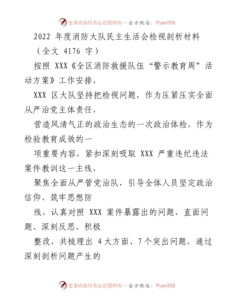[检视报告] 消防大队民主生活会 - 2022年度消防大队民主生活会问题检视与整改措施分析.docx_第1页