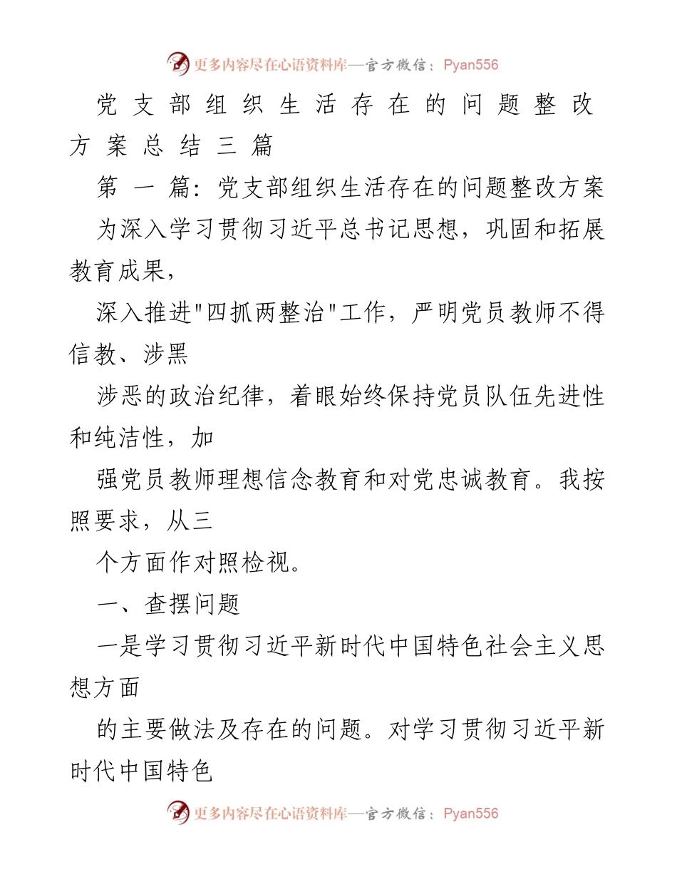 [整改方案] 党支部组织生活 - 党支部组织生活存在问题整改方案总结.docx_第1页