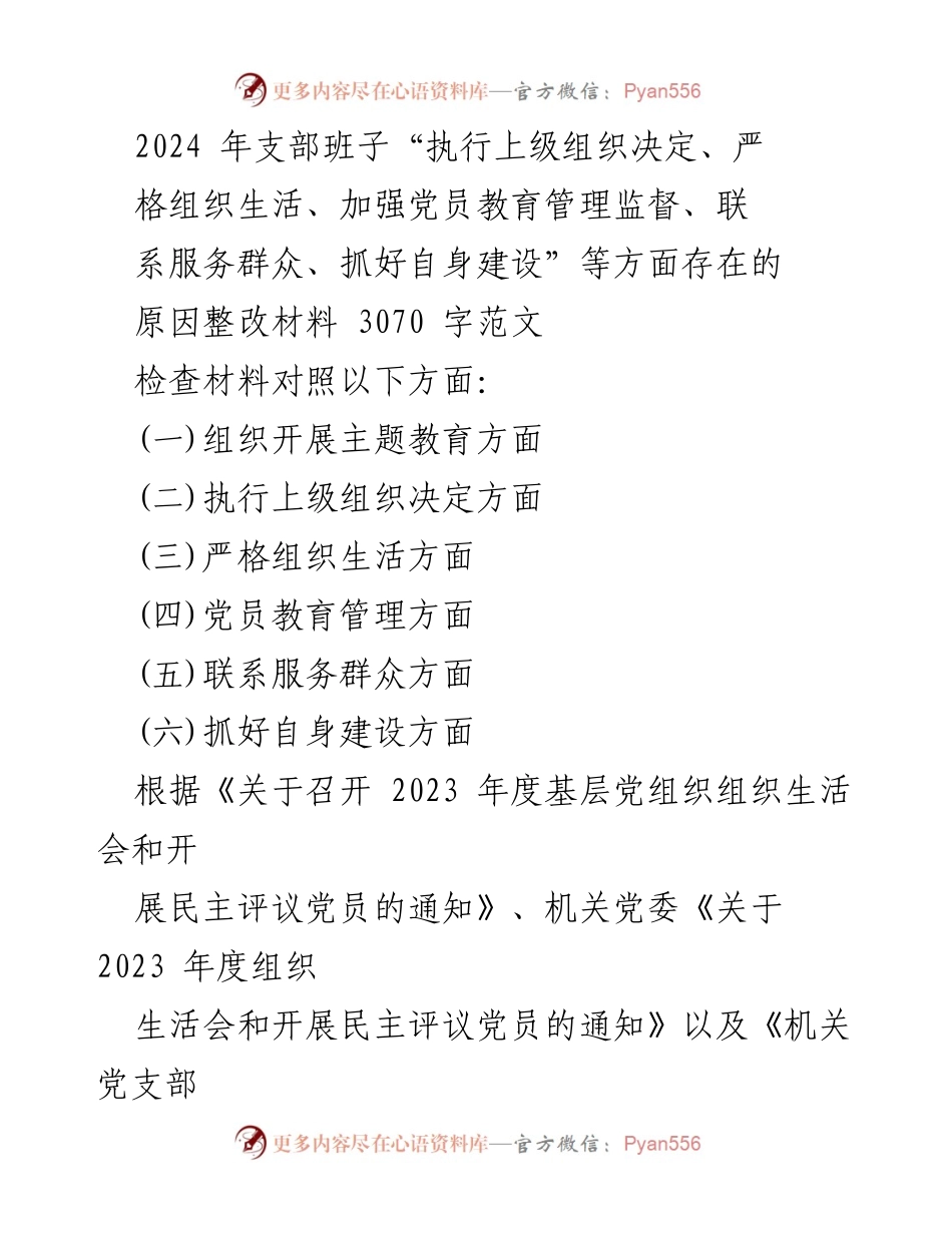 [整改材料] 党支部组织生活会 - 2024年党支部班子整改措施汇报.docx_第1页