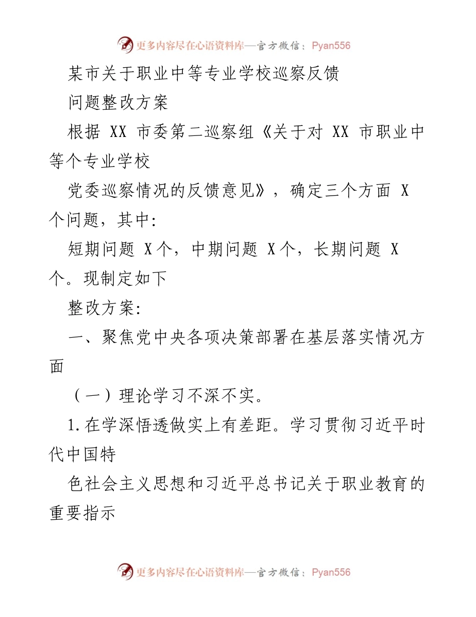 [整改方案] 职业教育 - 某市职业中等专业学校巡察反馈问题整改方案.docx_第1页