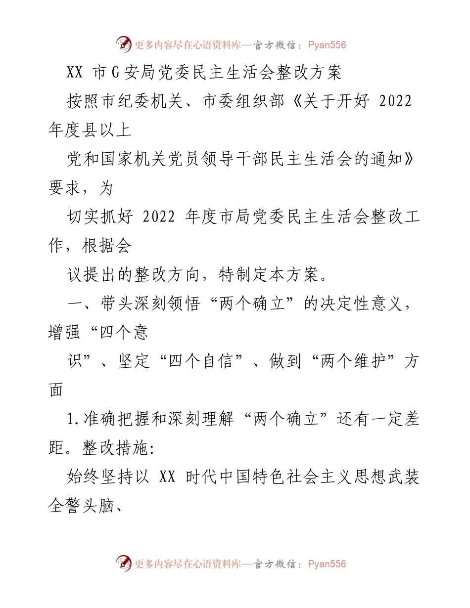 [整改方案] 党委民主生活会 - 市G安局党委民主生活会整改方案.docx_第1页