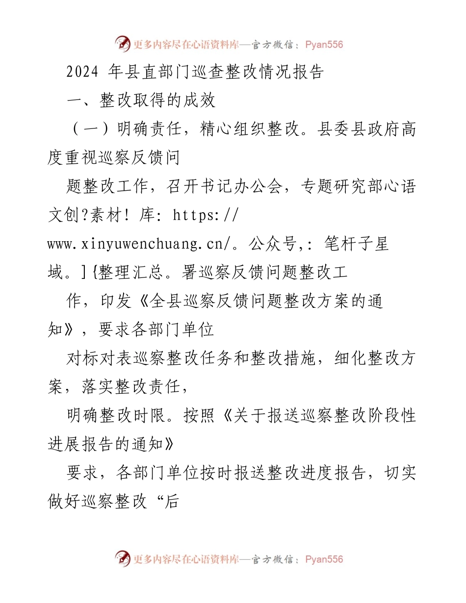 [整改报告] 县直部门巡查 - 2024年县直部门巡查整改情况总结.docx_第1页