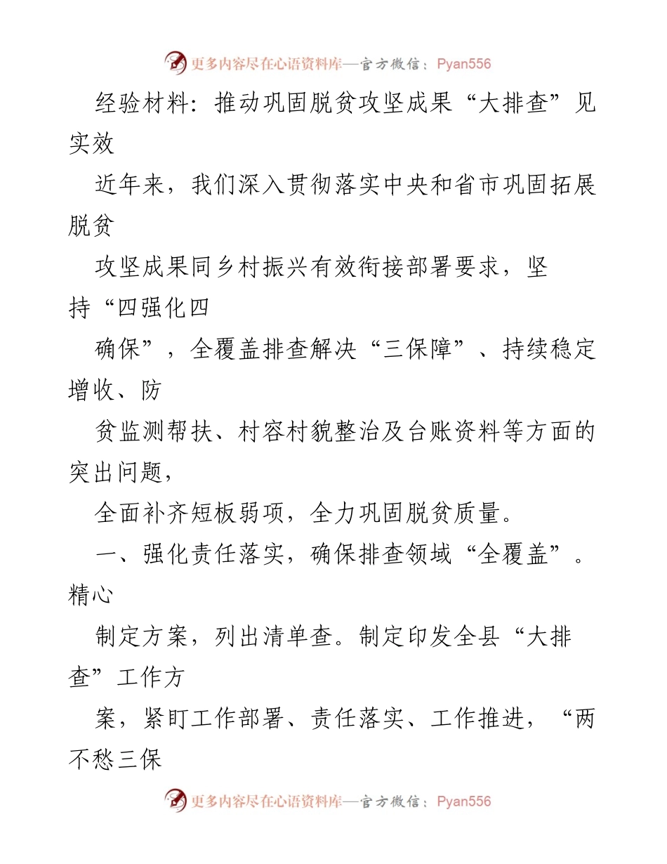 [经验材料] 脱贫攻坚工作 - 推动巩固脱贫攻坚成果的“大排查”措施与成效.docx_第1页